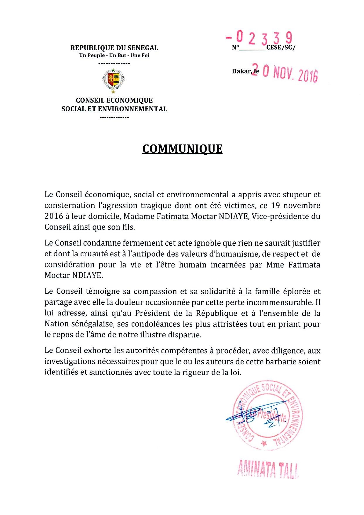 Le communiqué officiel du Conseil Economique, Social et Environnemental.