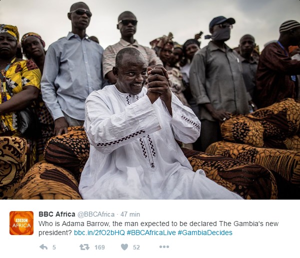 Présidentielle Gambie :  Adama Barrow déclaré vainqueur avec 263515 voix, contre 212 099 pour Yaya Jammeh 