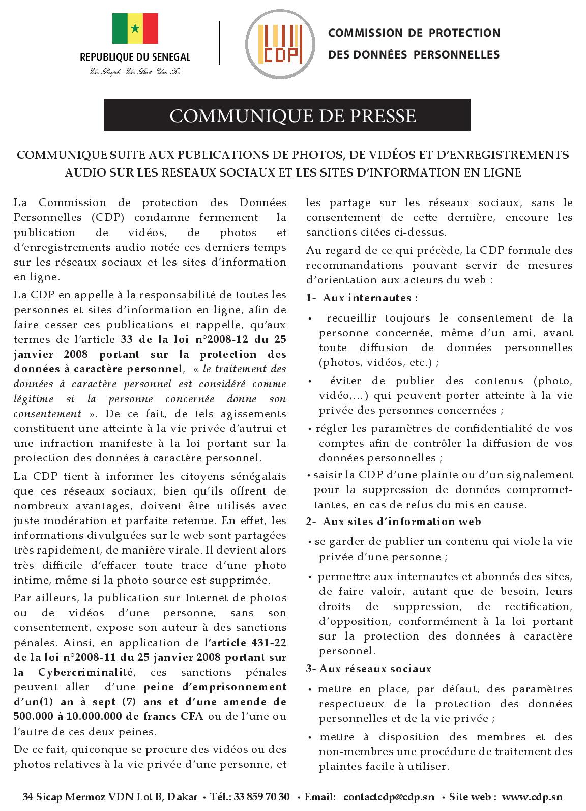 COMMUNIQUE SUITE AUX PUBLICATIONS DE PHOTOS, DE VIDÉOS ET D’ENREGISTREMENTS AUDIO SUR LES RESEAUX SOCIAUX ET LES SITES D’INFORMATION EN LIGNE 