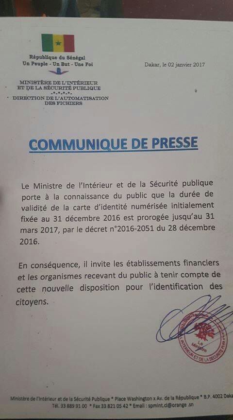 Les cartes d'identités nationales devant expirer le 31 décembre 2016 seront valables jusqu'au 31 mars 2017, par décret 