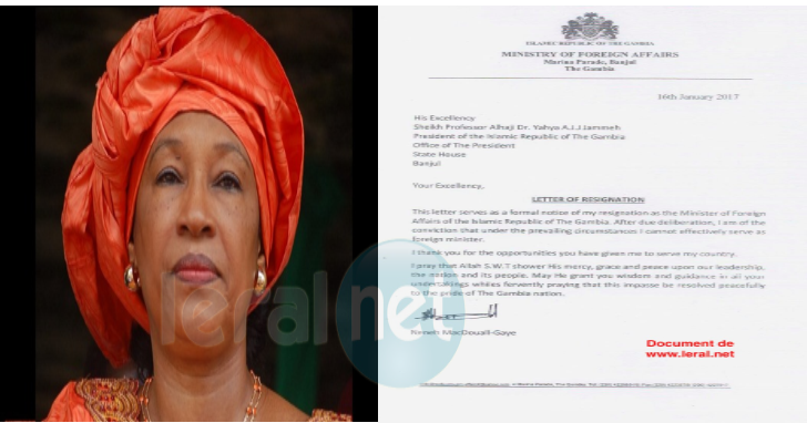 Exclusif: voici la lettre de démission de Neneh Macdouall Gaye, ministre gambienne des Affaires étrangères présentement à Dakar ( Document administratif)