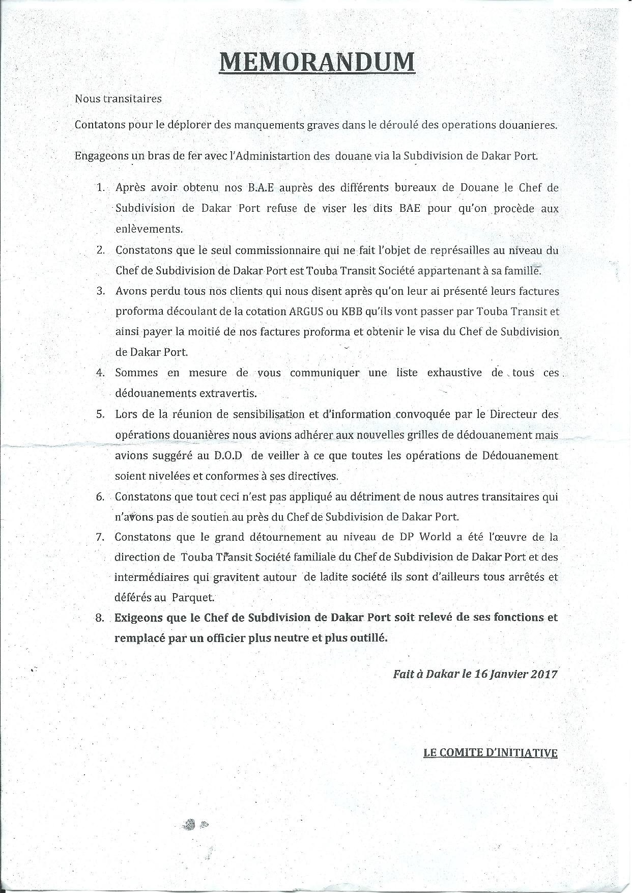 Mémorandum : Les transitaires engagent le bras de fer avec l'administration des Douanes 