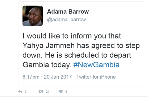 URGENT Gambie: le Président Adama Barrow confirme, sur son compte Twitter, le départ de Jammeh dès ce soir