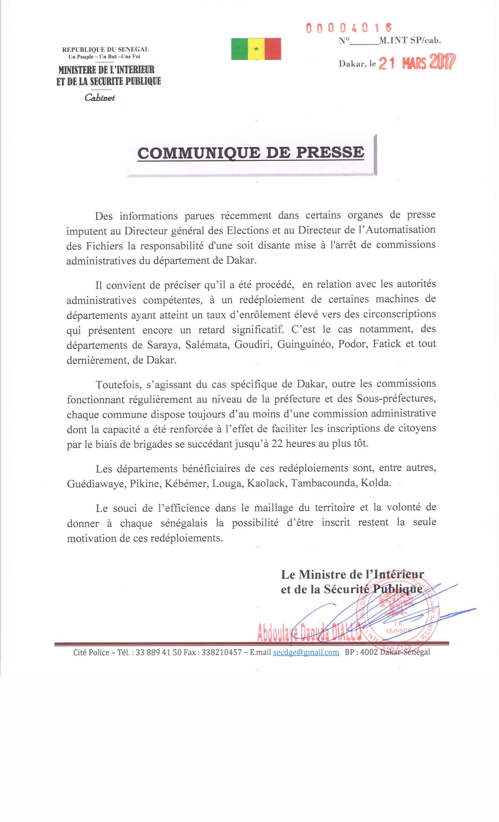 Arrêt commissions administratives de Dakar: les précisions du ministère de l'Intérieur