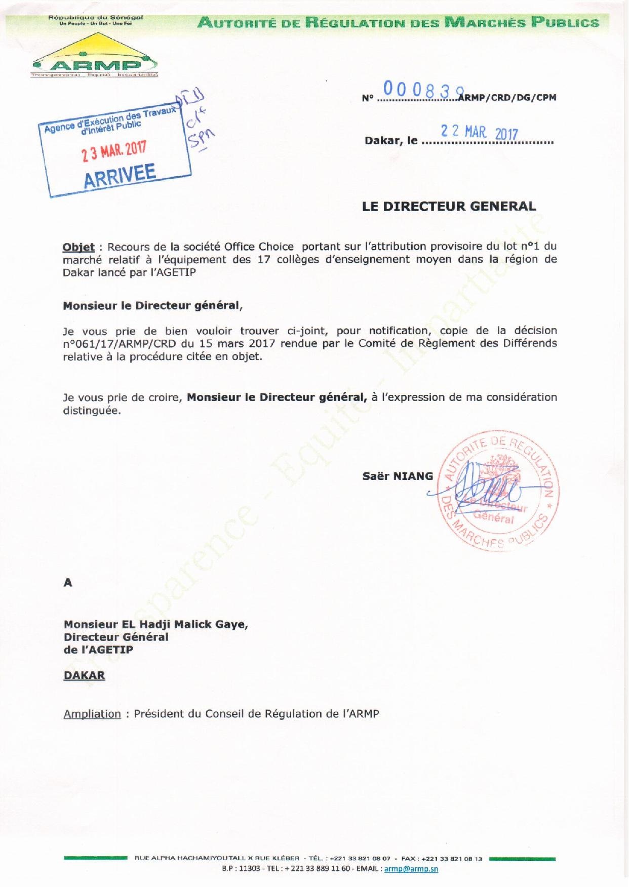 Exclusif : AGETIP Office Choice,  L'ARMP a tranché l'appel d'offres relatif à l'équipement de 17 collèges de Dakar