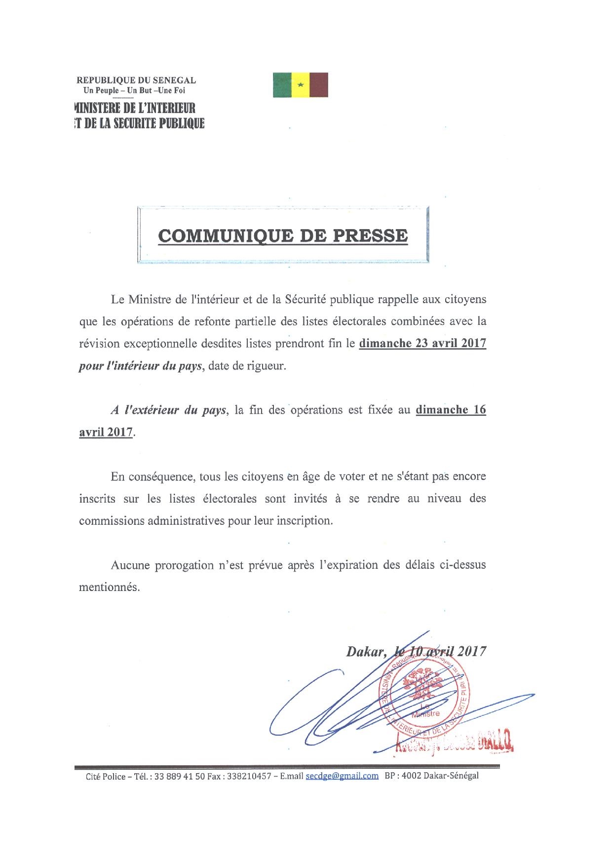 La refonte partielle et la révision exceptionnelle du fichier électoral prendront fin le 23 avril pour l'intérieur du pays et le dimanche 16 avril pour la diaspora