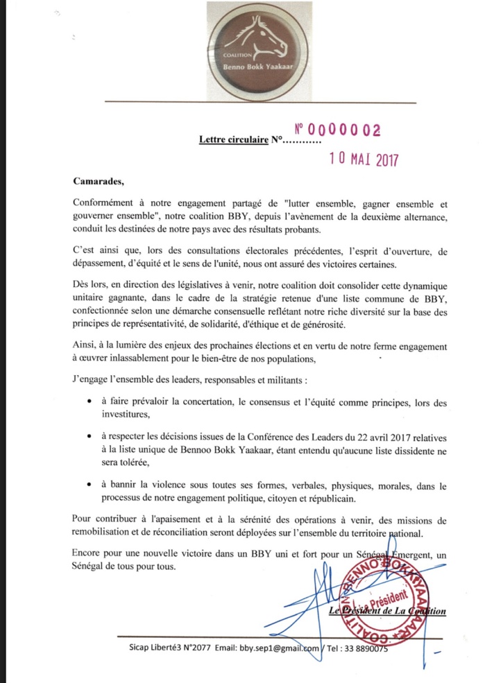 Législatives 2017 :  Macky Sall préconise des recommandations à ses alliés de Benno Bokk Yakaar (DOCUMENT)