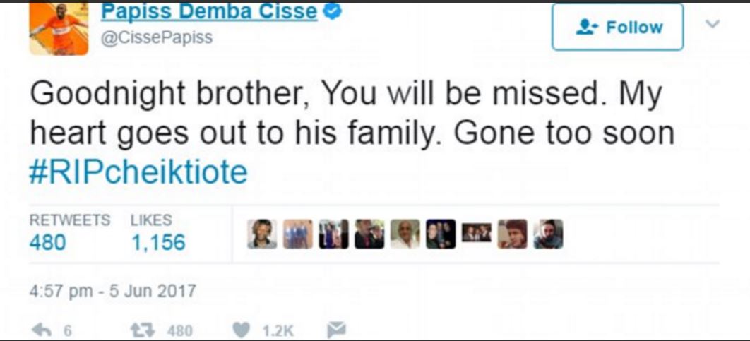 Papiss Demba Cissé rend hommage à son ami Cheick Tiote : "Bonne nuit mon frère, tu es parti trop tôt"