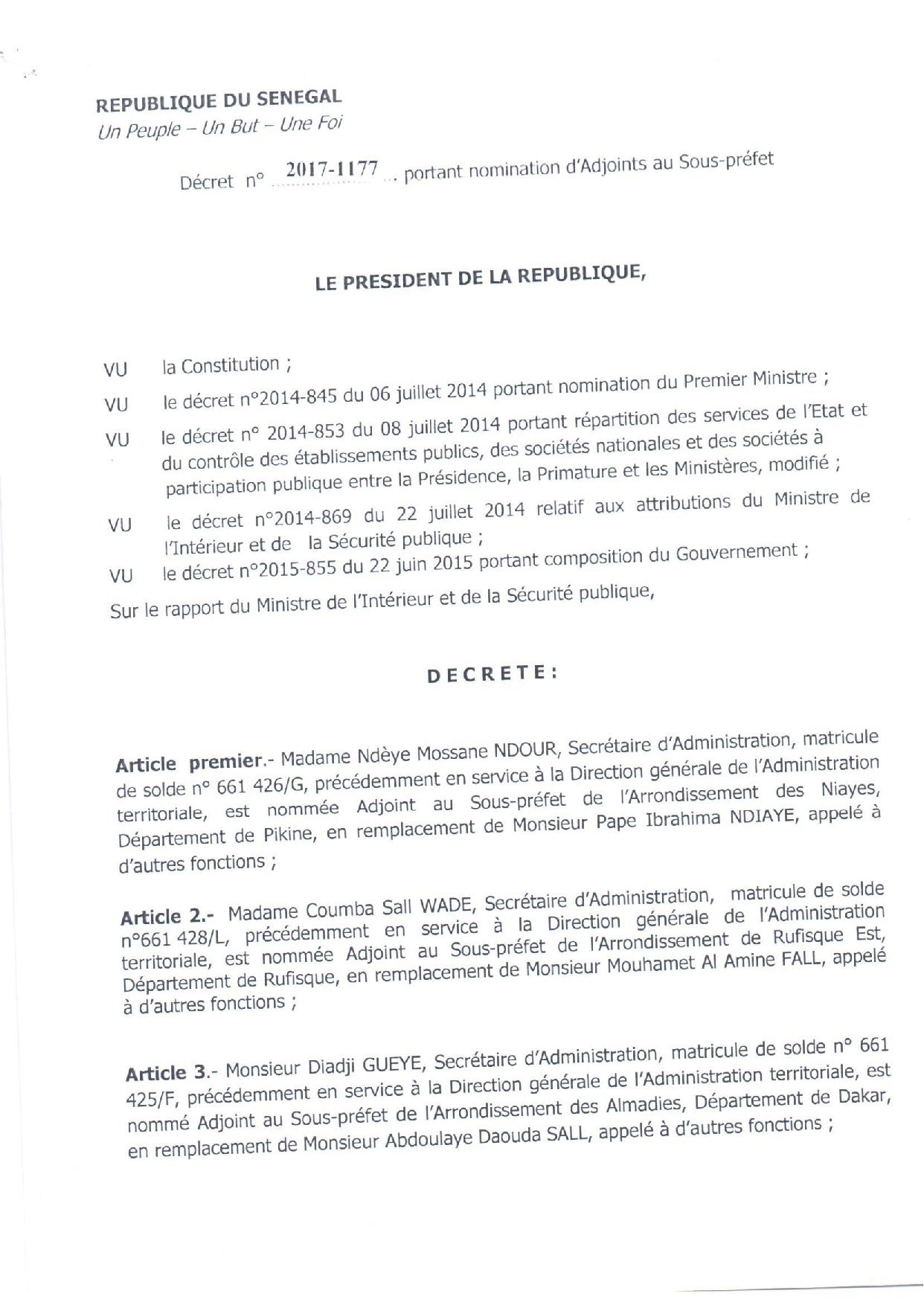 Décret 2017-1117 portant nomination Adjoints au Sous-préfets
