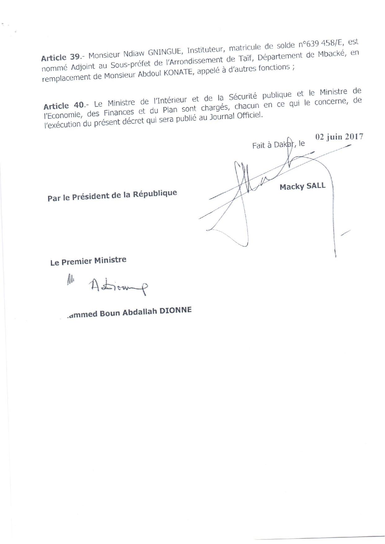 Décret 2017-1117 portant nomination Adjoints au Sous-préfets