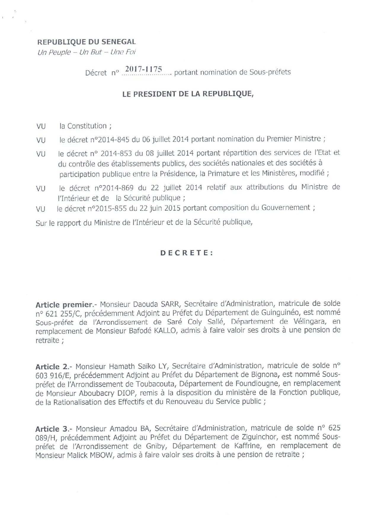 Décret 2017-1175 portant nomination Sous-Préfets