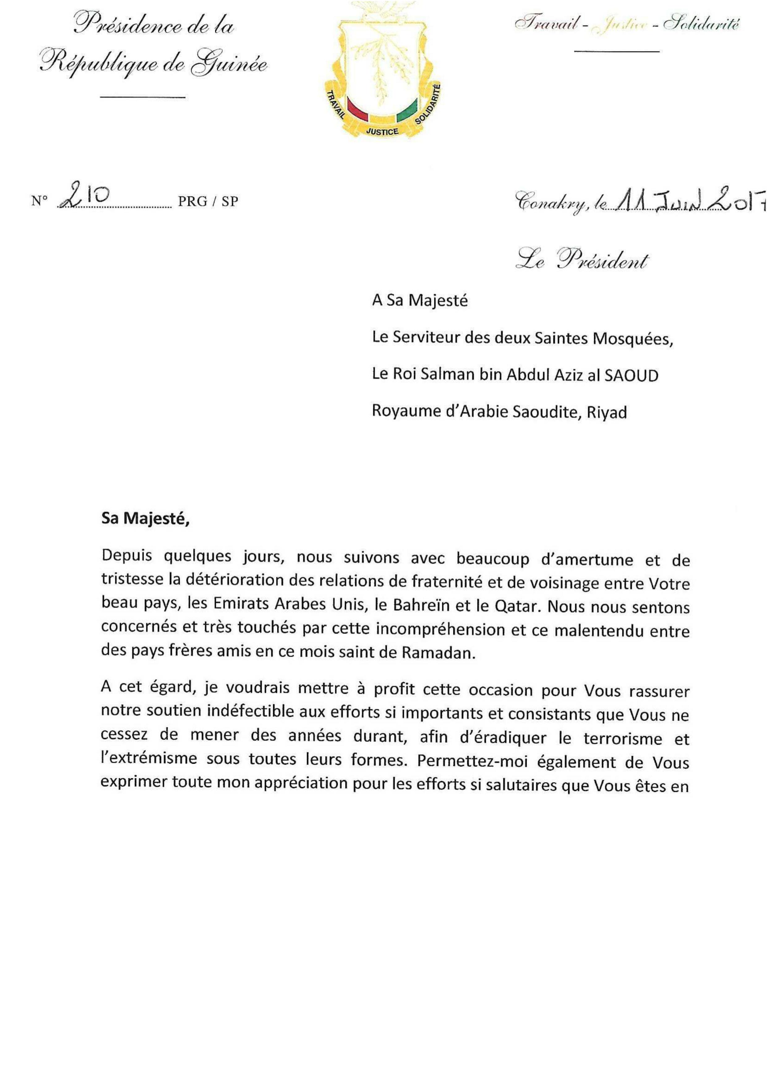 Crise diplomatique au Moyen-Orient : Alpha Condé offre sa médiation dans une lettre adressée au Serviteur des deux Saintes Mosquées saoudiennes
