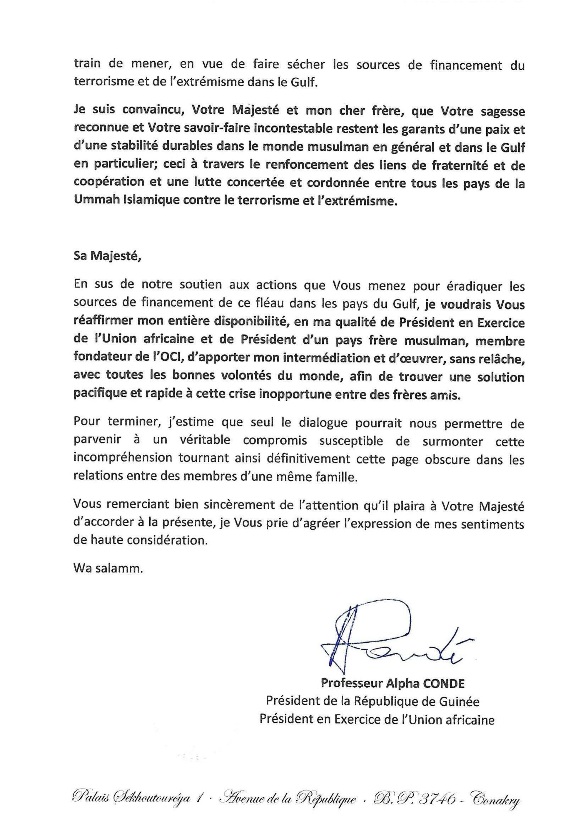 Crise diplomatique au Moyen-Orient : Alpha Condé offre sa médiation dans une lettre adressée au Serviteur des deux Saintes Mosquées saoudiennes