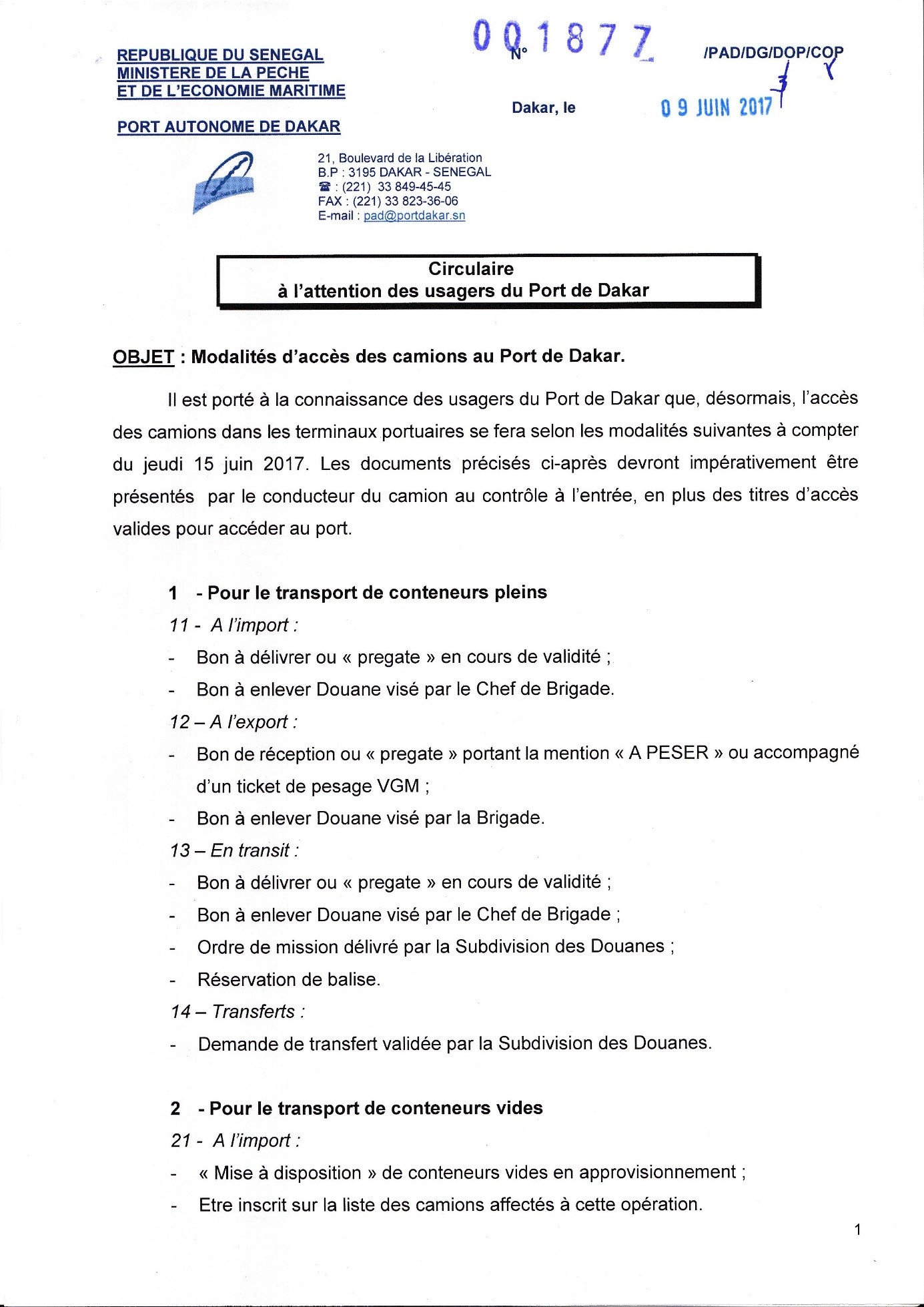 Modalités d'accès camions au Port de Dakar : Circulaire à l'attention des usagers du Port de Dakar