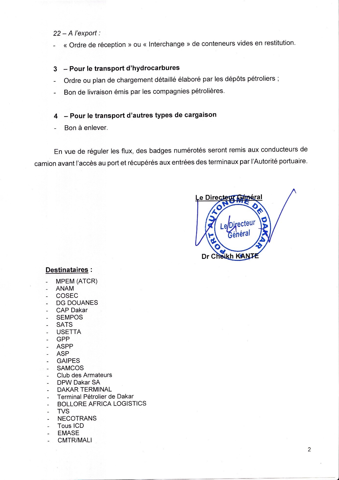 Modalités d'accès camions au Port de Dakar : Circulaire à l'attention des usagers du Port de Dakar