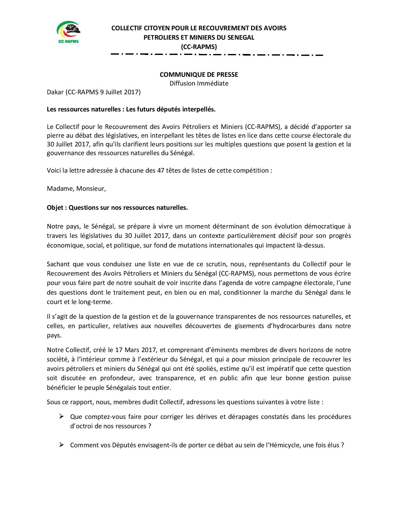 Communiqué du ​Collectif Citoyen pour le Recouvrement des Avoirs Pétroliers et Miniers du Sénégal (CC‐RAPMS)