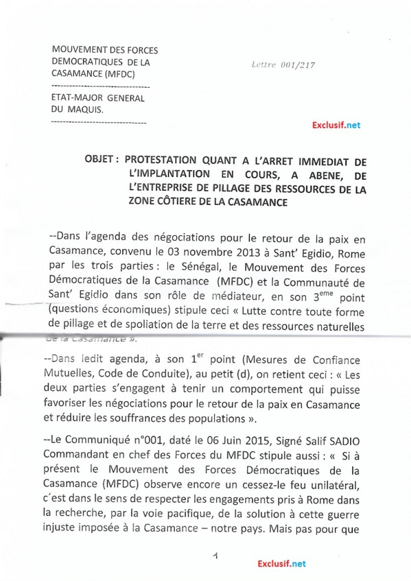 Exploitation du Zircon en Casamance: Les rebelles du MFDC s'opposent et menacent (Documents)