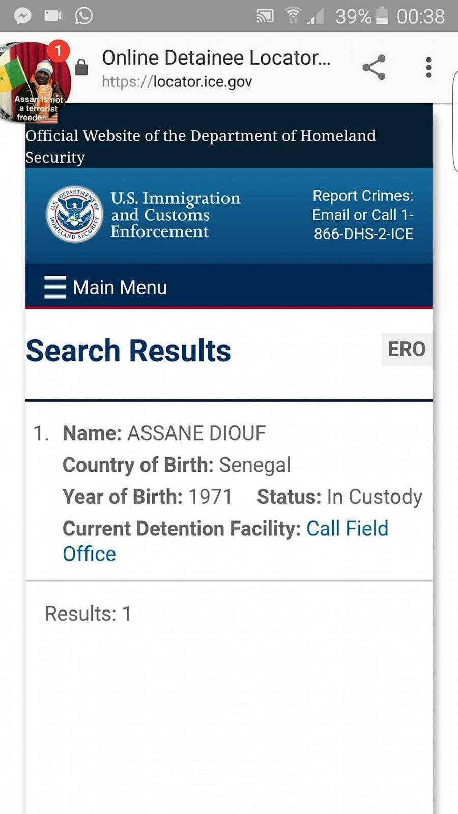 URGENT- Assane Diouf est détenu dans les locaux des services de l'ICE (Service de l’Immigration et des Douanes; U.S. Immigration and Customs Enforcement, en anglais)