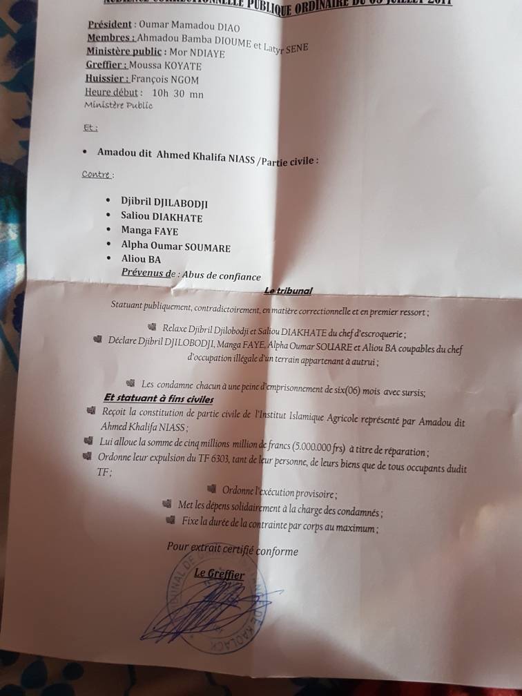 Occupation illégale d'un terrain appartenant à autrui du TF 6303 : le tribunal avait ordonné l'expulsion en faveur d'Ahmad Khalifa Niasse