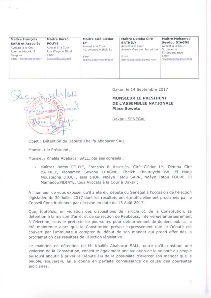 Khalifa Sall écrit au président de l'Assemblée nationale et au président de l'Assemblée générale (Documents)
