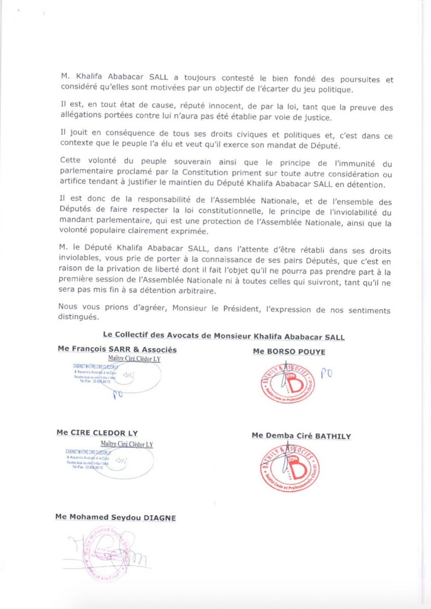 Khalifa Sall écrit au président de l'Assemblée nationale et au président de l'Assemblée générale (Documents)