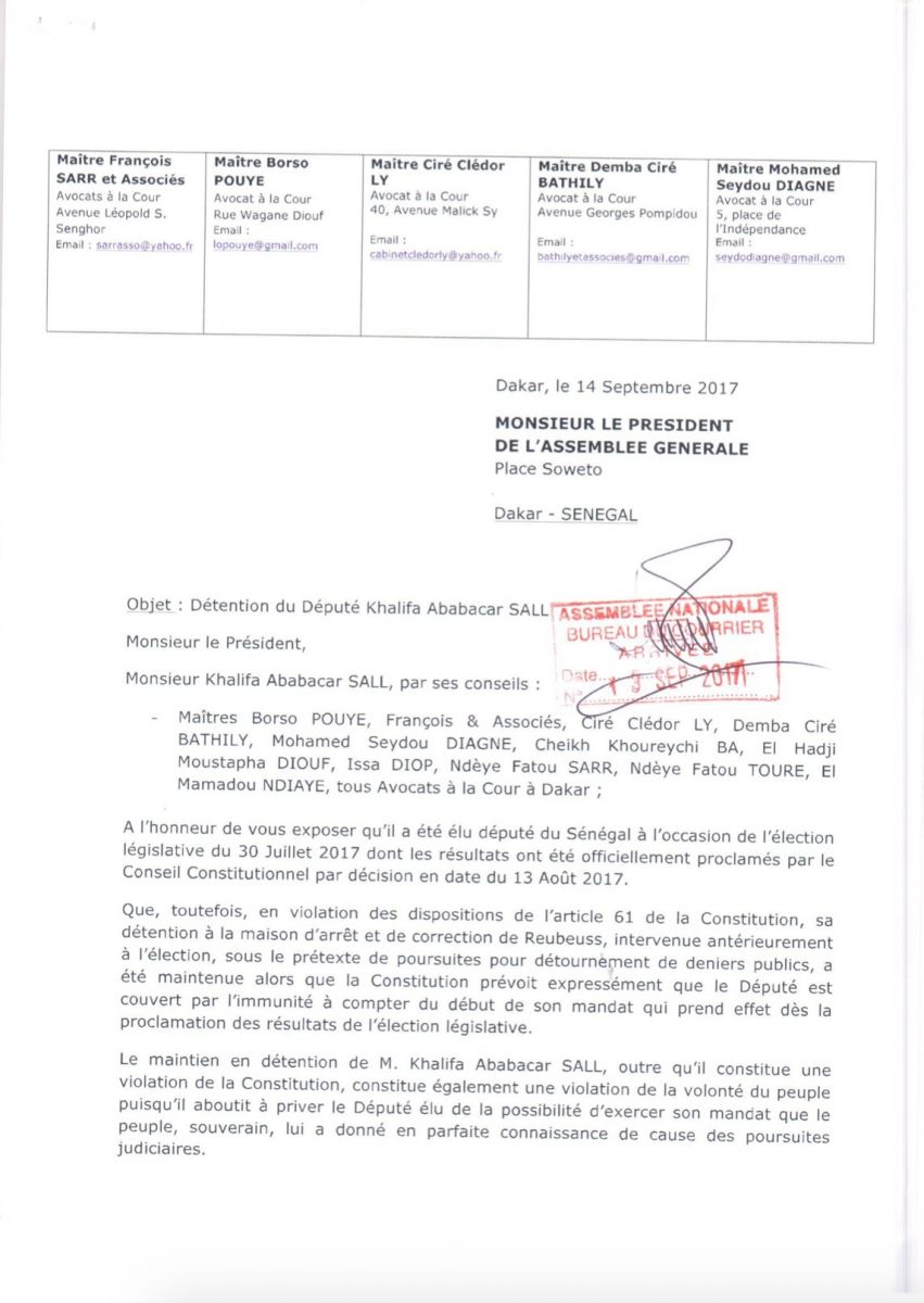Khalifa Sall écrit au président de l'Assemblée nationale et au président de l'Assemblée générale (Documents)