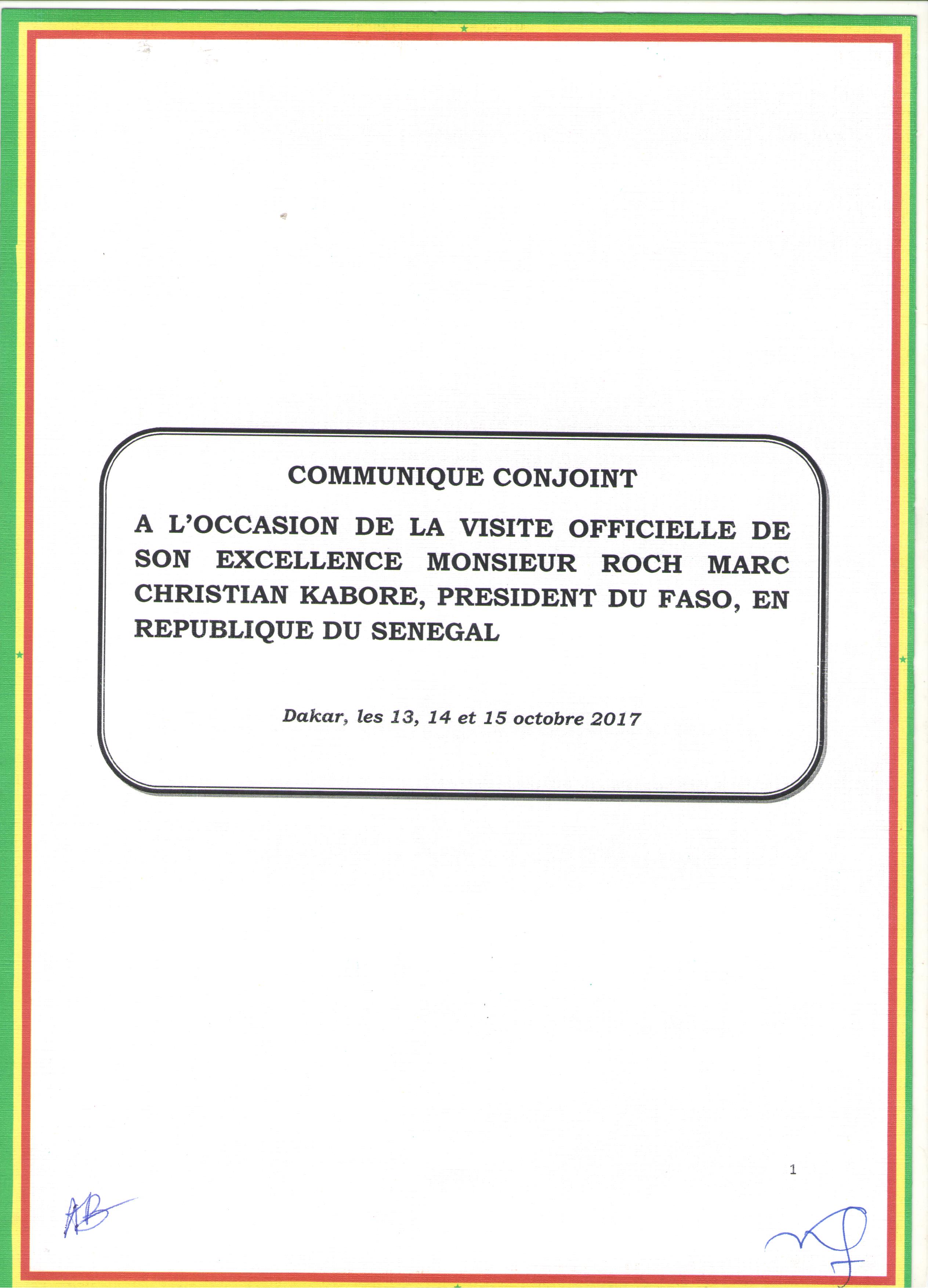 Le communiqué conjoint à l'issue de la visite officielle au Sénégal de SEM Roch Marc Christian KABORE au Sénégal
