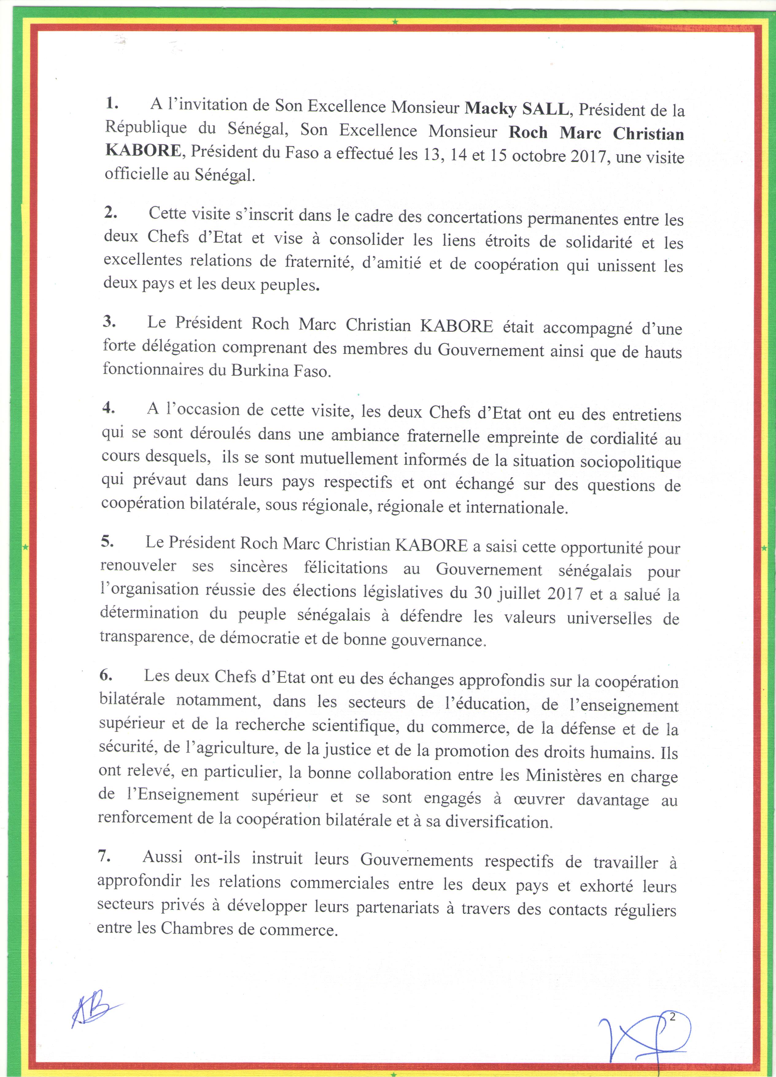 Le communiqué conjoint à l'issue de la visite officielle au Sénégal de SEM Roch Marc Christian KABORE au Sénégal