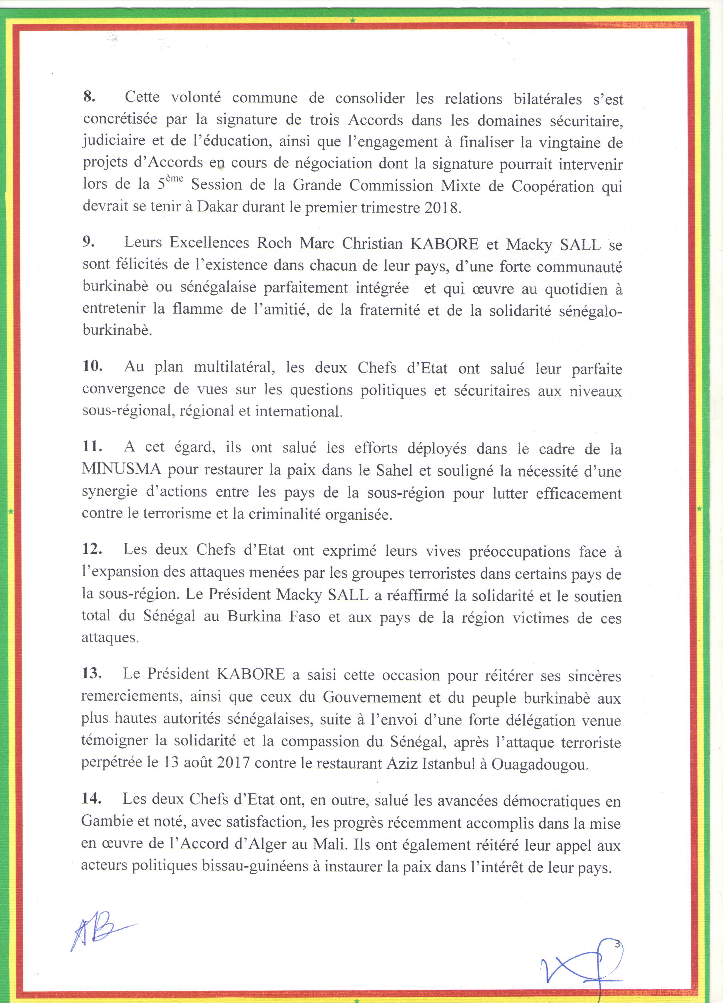 Le communiqué conjoint à l'issue de la visite officielle au Sénégal de SEM Roch Marc Christian KABORE au Sénégal