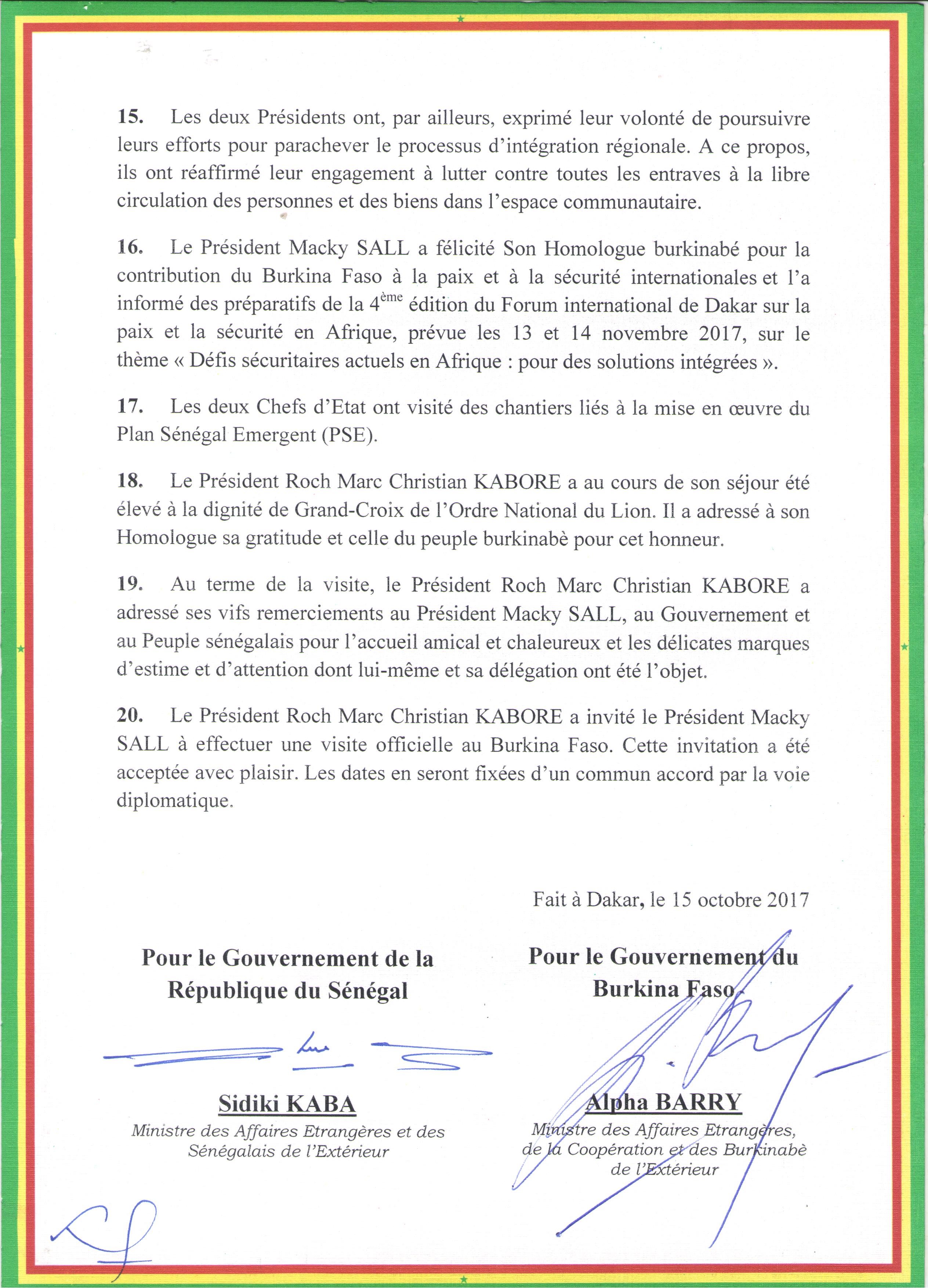 Le communiqué conjoint à l'issue de la visite officielle au Sénégal de SEM Roch Marc Christian KABORE au Sénégal