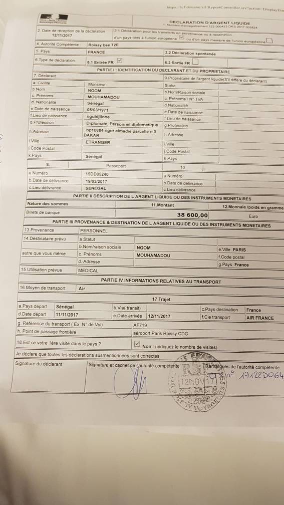 Farba Ngom avait dans ses bagages 38.600 euros (Document)