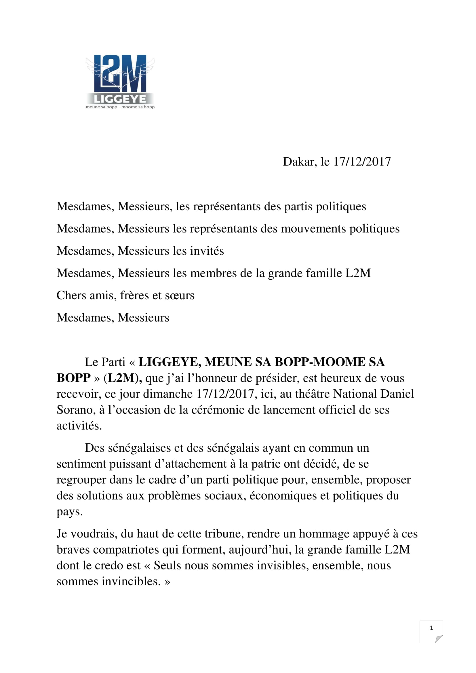 Cérémonie de lancement des activités du parti L2M:  Discours du Président Ibou Yagou Ndiaye (Intégral)