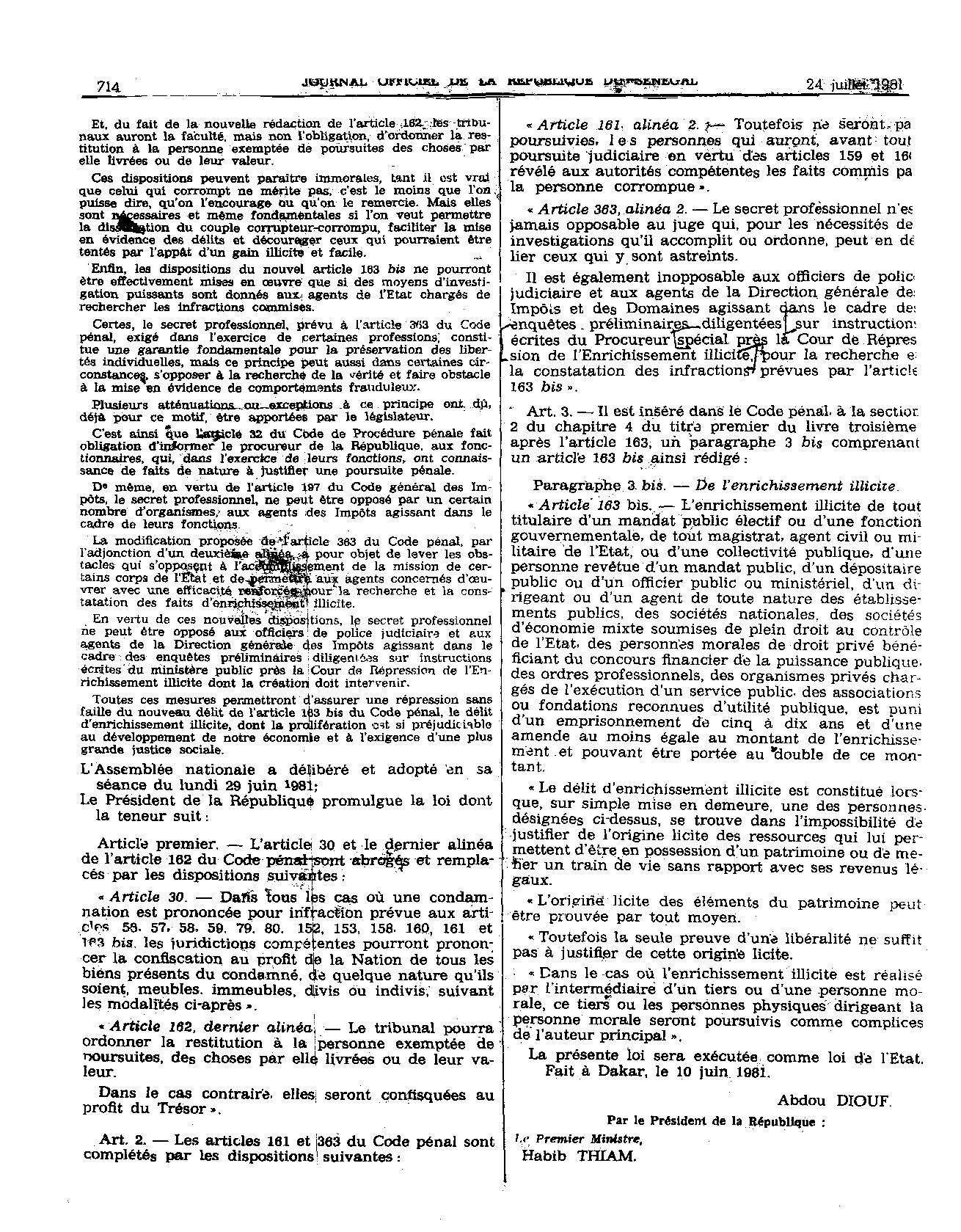 Lois n° 81-53 et n° 81-54 du 10 juillet 1981 relatives à la répression de l’enrichissement illicite : Les motivations d’Abdou Diouf en 1981? Lois n° 81-53 et n° 81-54 du 10 juillet 1981 relatives à la répression de l’enrichissement illicite : Les motivations d’Abdou Diouf en 1981?