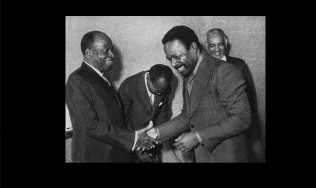 Oumar Bongo, Houphouët Boigny, Léopold Senghor et Ould Daddah à Lagos (Nigeria) en 1975