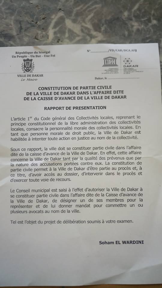 Rebondissement dans l'affaire Khalifa Sall: La ville de Dakar se constitue partie civile (Document)