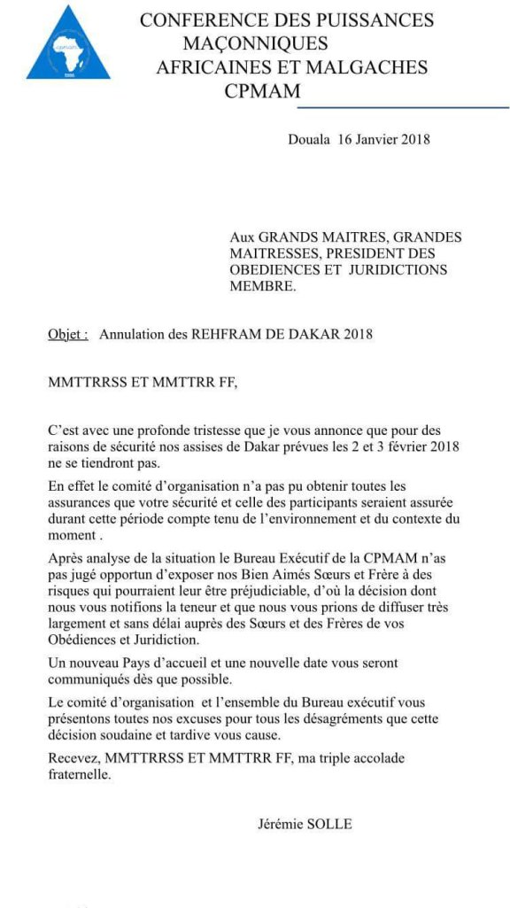 Congrès des Francs-Maçons à Dakar: Voici le document qui confirme l’annulation de la rencontre