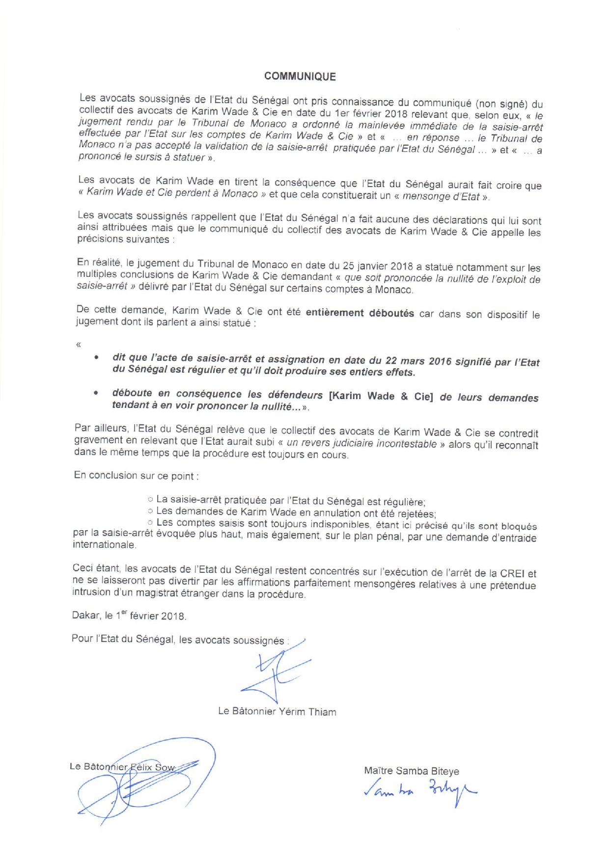 « Karim Wade et Cie ont été entièrement déboutés par le Tribunal de Monaco » persistent et signent les avocats de l’Etat du Sénégal  
