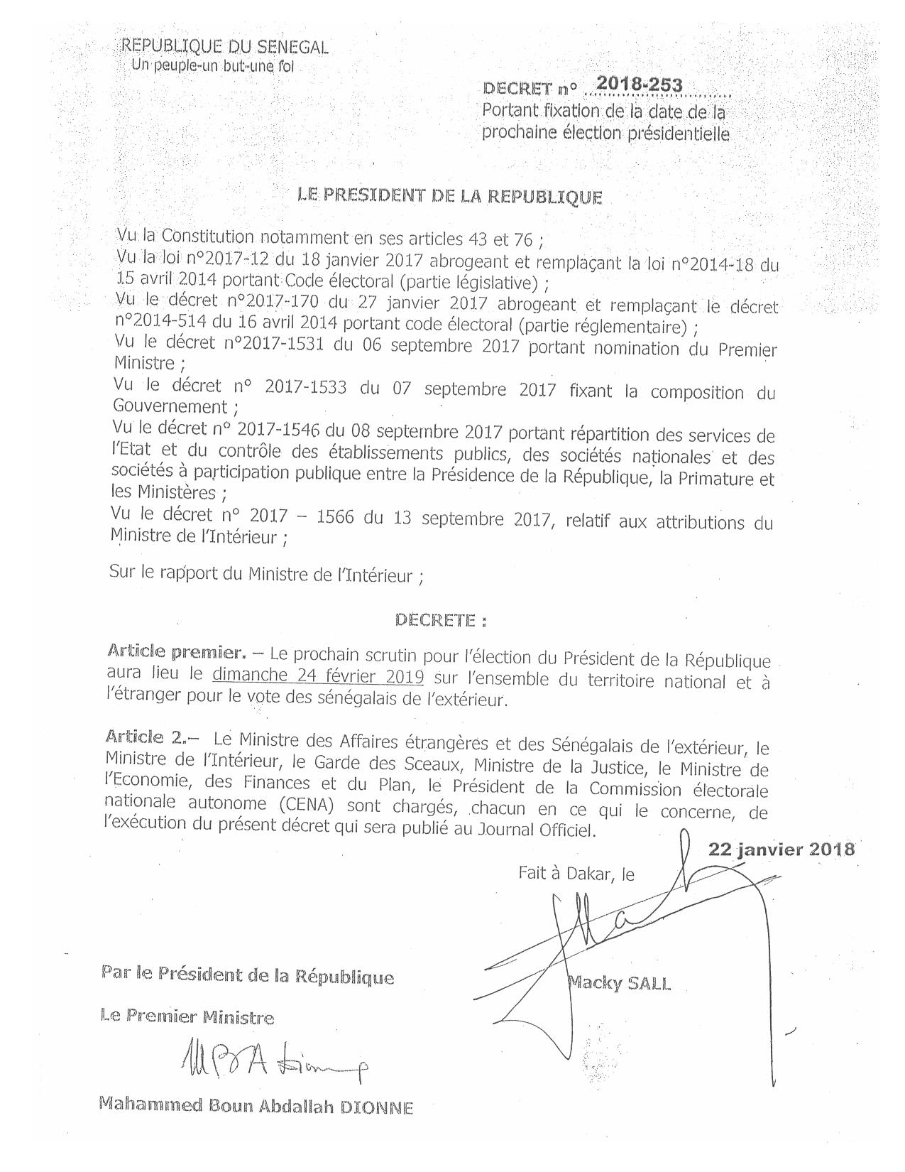 Décret n°2018-253 portant fixation de la date de l'élection présidentielle 2019 (Officiel)