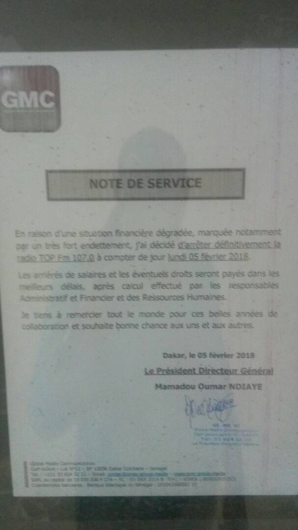 Licenciement à la radio Top FM : une simple note de service met plus de 10 personnes à la rue