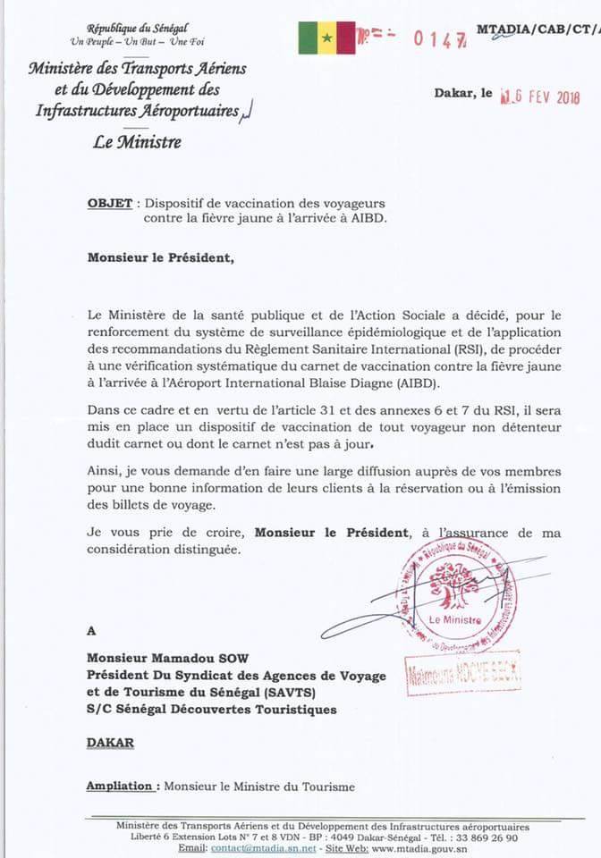 Maïmouna Ndoye Seck ordonne la suspension de la vérification systématique du carnet de vaccination contre la fièvre jaune à l’AIBD 