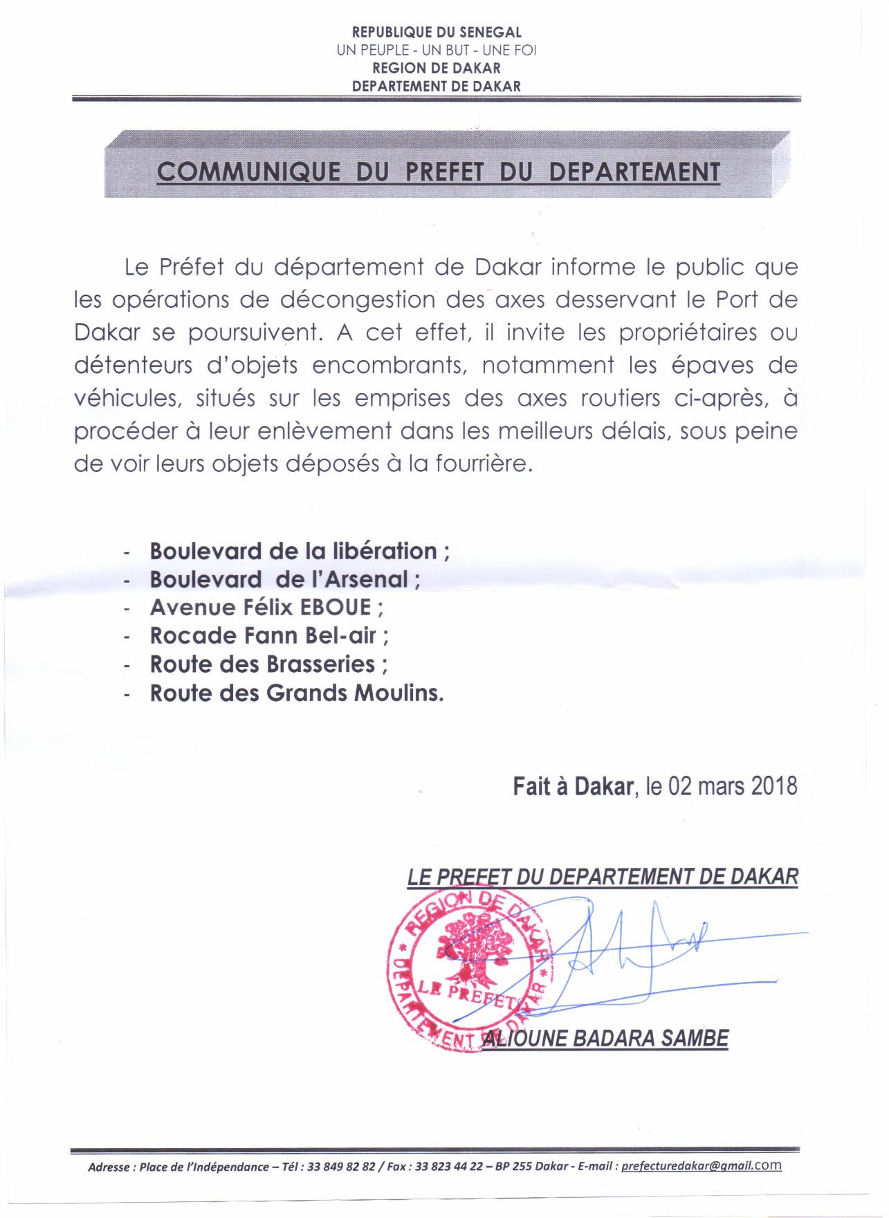 Communiqué du préfet de Dakar : la décongestion des axes routiers desservant le Port de Dakar, se poursuit