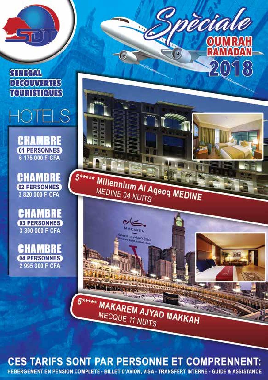 Spéciale Oumrah Ramadan 2018 : Sénégal Découvertes Touristiques vous propose un package imbattable à partir de 2.995. 000 FCFA en 5 étoiles pour aller faire le petit pèlerinage à Médine et à la Mecque