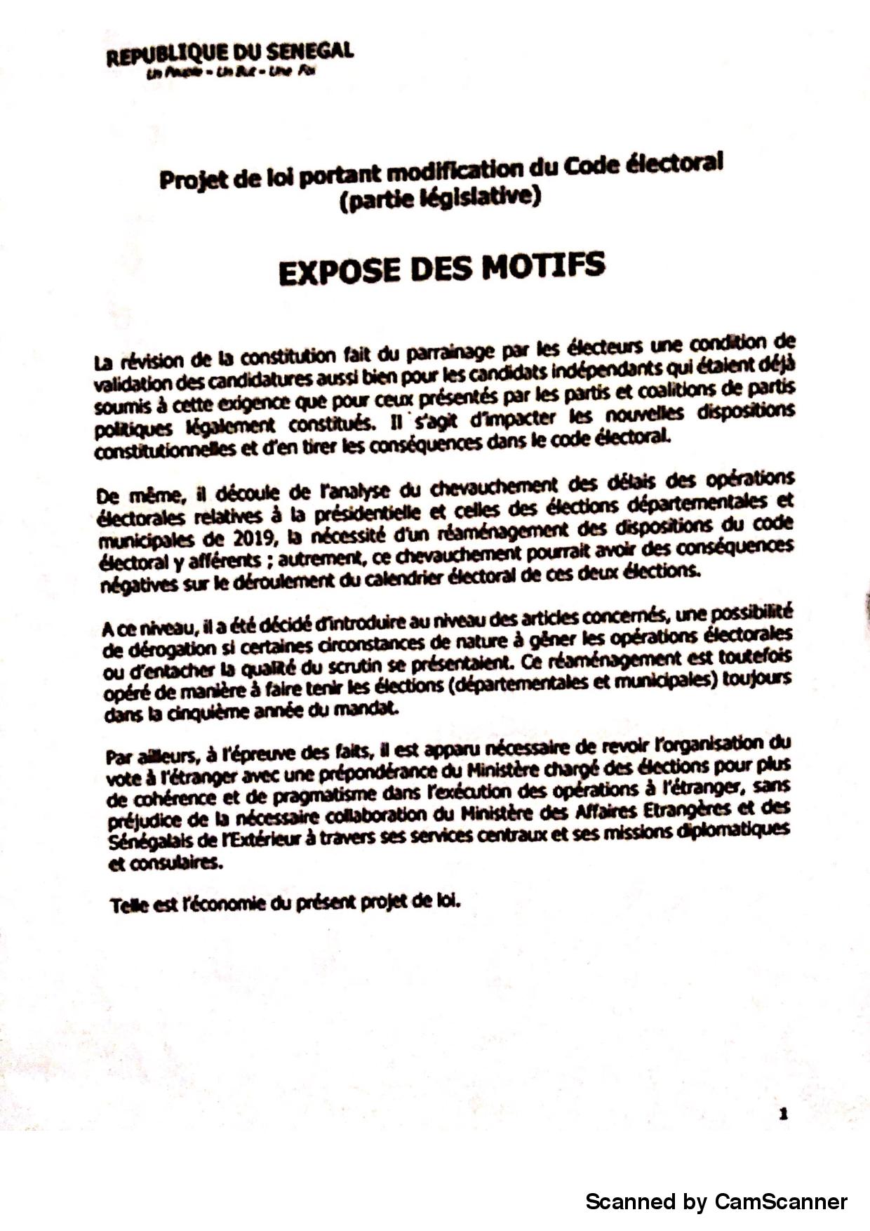 Projet de loi portant modification du Code électoral au sortir du Conseil des ministres du 19 mars 2018 