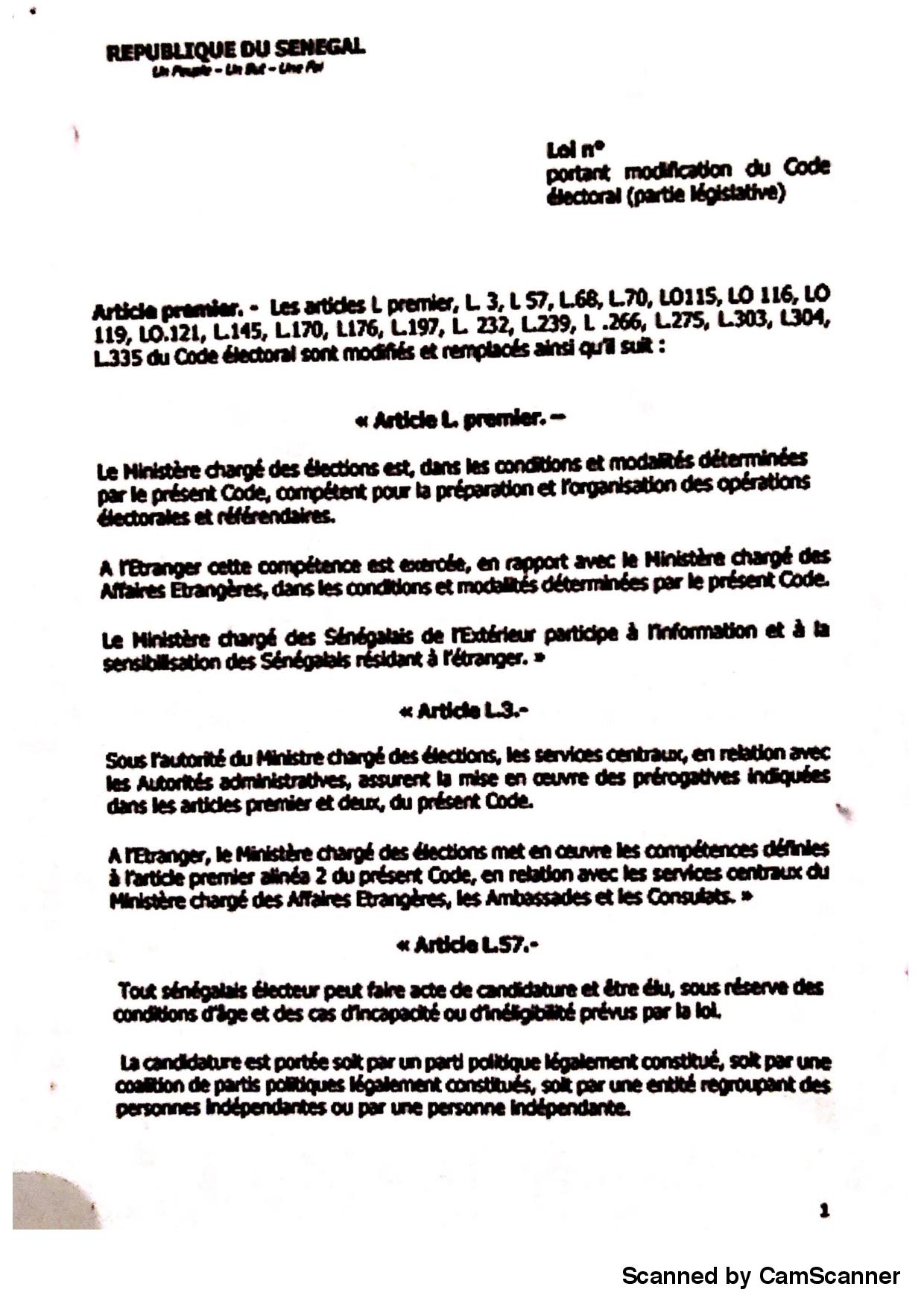Projet de loi portant modification du Code électoral au sortir du Conseil des ministres du 19 mars 2018 