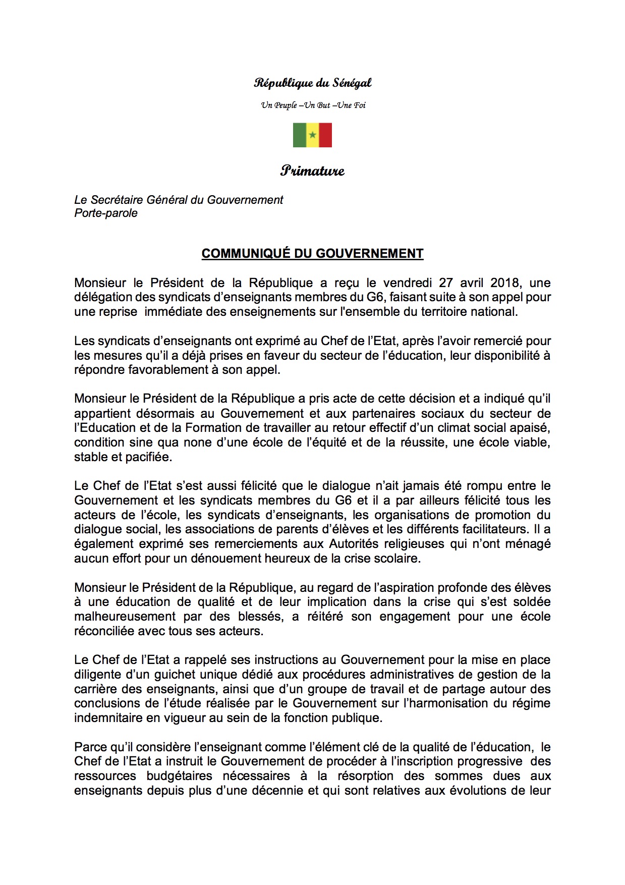 Documents - Le G 6 décide de suspendre son mot d’ordre : Dénouement de la crise scolaire-  Macky Sall sauve le Sénégal d’une année blanche