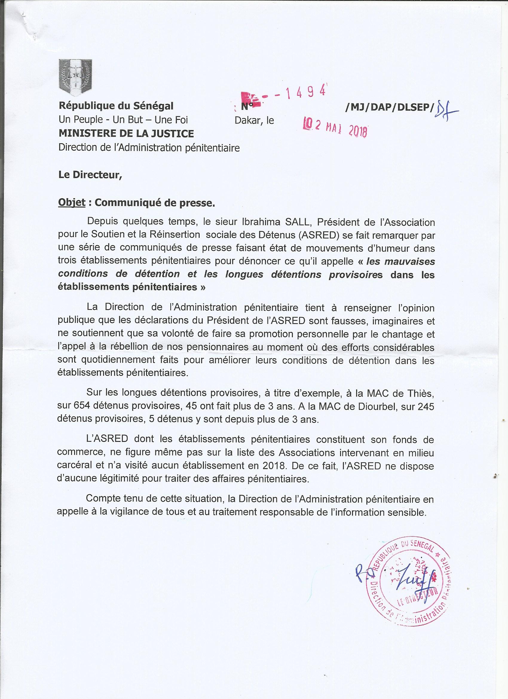 "Les communiqués de presse de Ibrahima Sall (président d'ASRED) sont faux et imaginaires" (La Direction de l'Administration pénitentiaire)