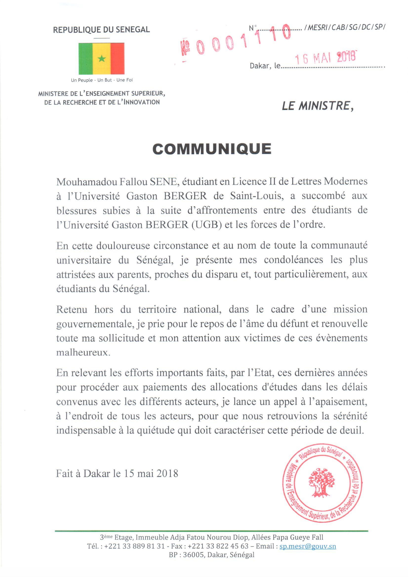 Manifestations dans les Universités: Mary Teuw Niane lance un appel au calme ( Communiqué)