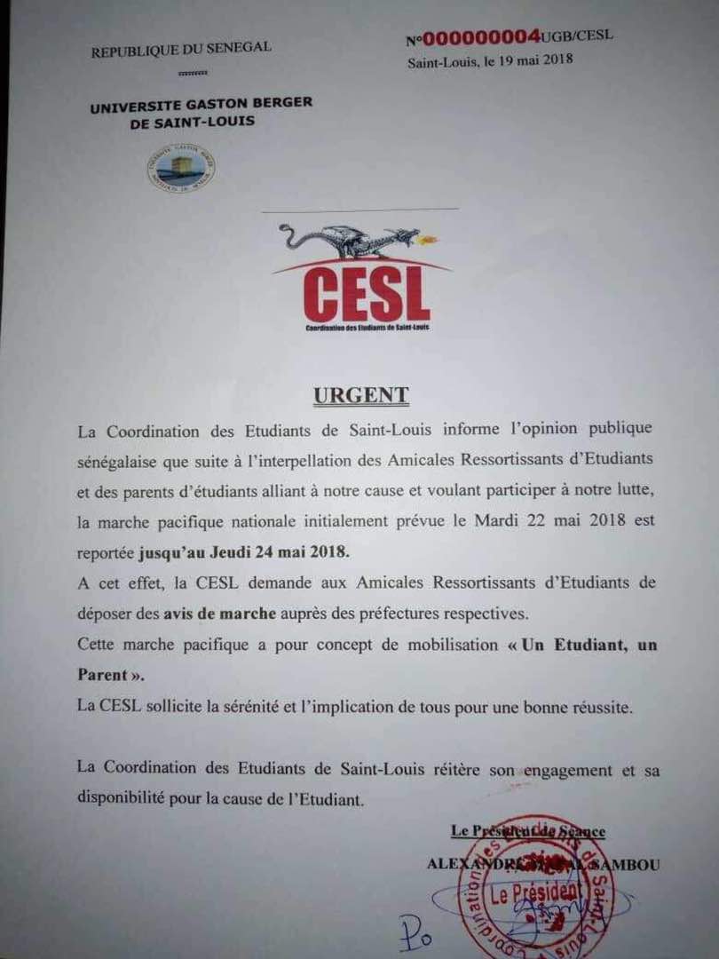 La coordination des étudiants de Saint-Louis (CESL) se démarque du Pds ( Démenti )