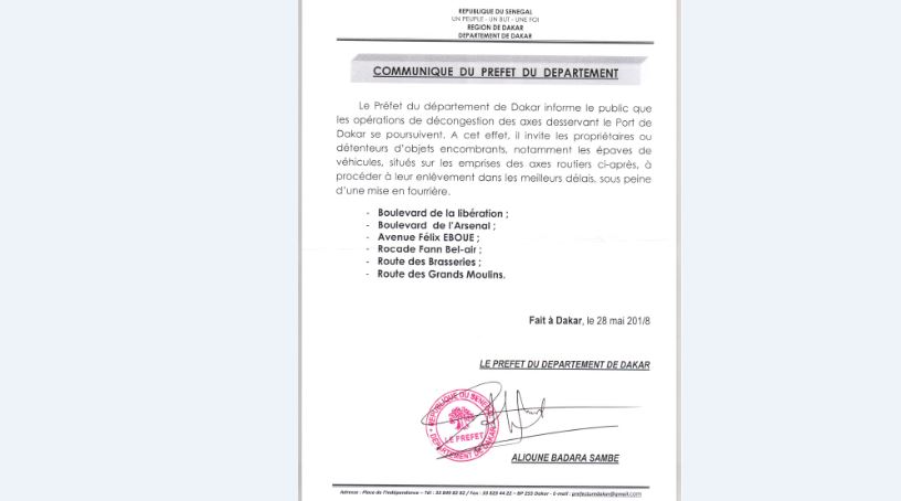 Communiqué du préfet de Dakar : les opérations de décongestion des axes routiers desservant le Port de Dakar, se poursuivent