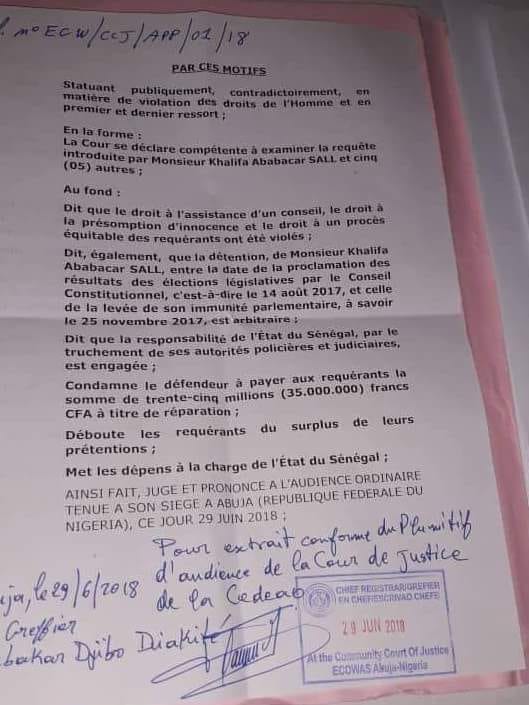 Khalifa Sall gagne son procès contre l'État du Sénégal devant la Cour de justice de la Cedeao (document)